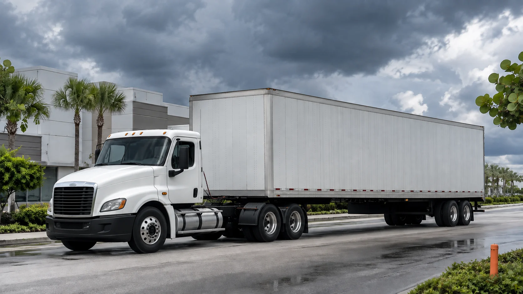 Unbranded white semi-truck on a wet palm-lined road under storm clouds