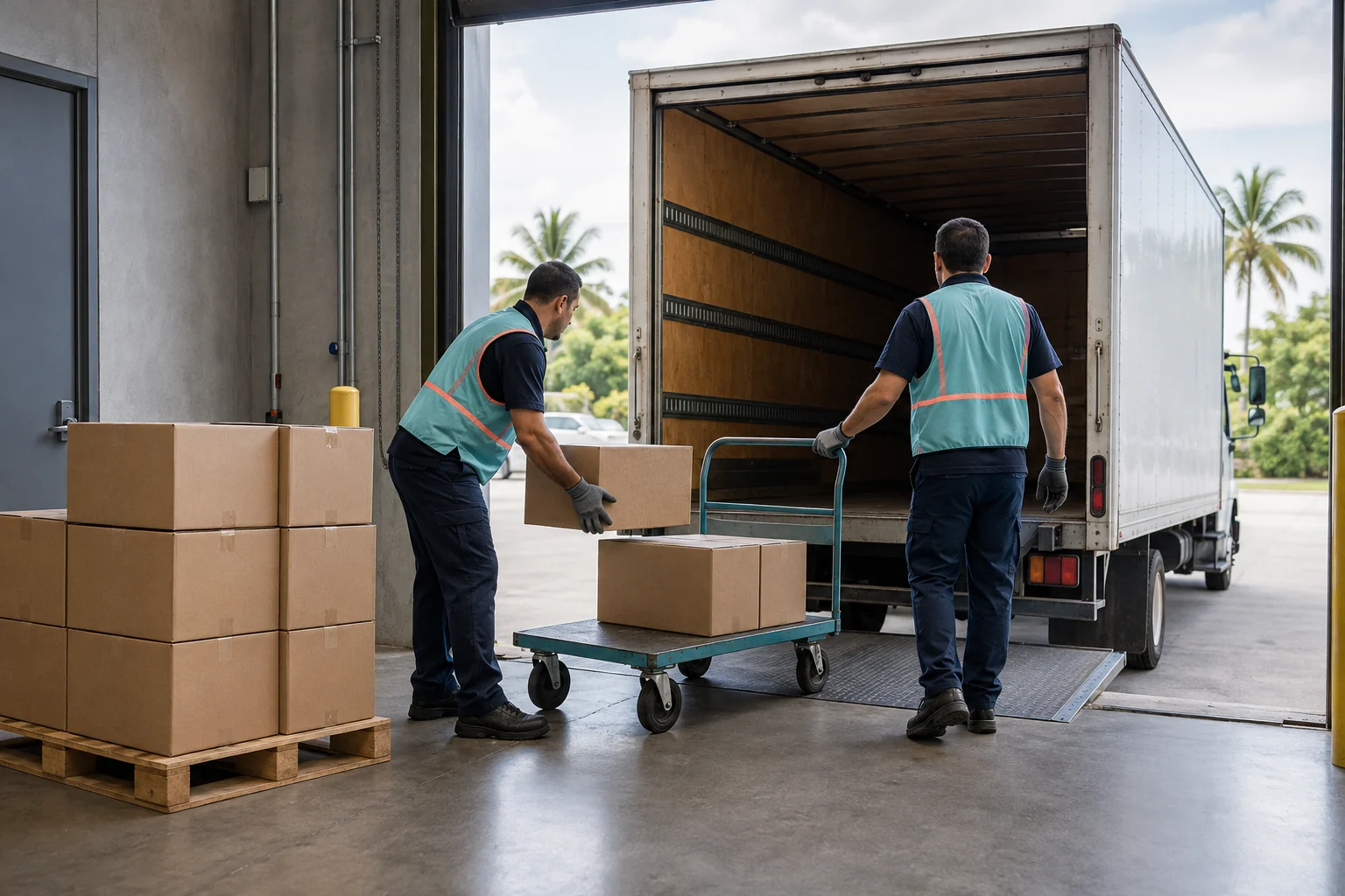 Two warehouse workers moving cartons toward an unbranded box truck