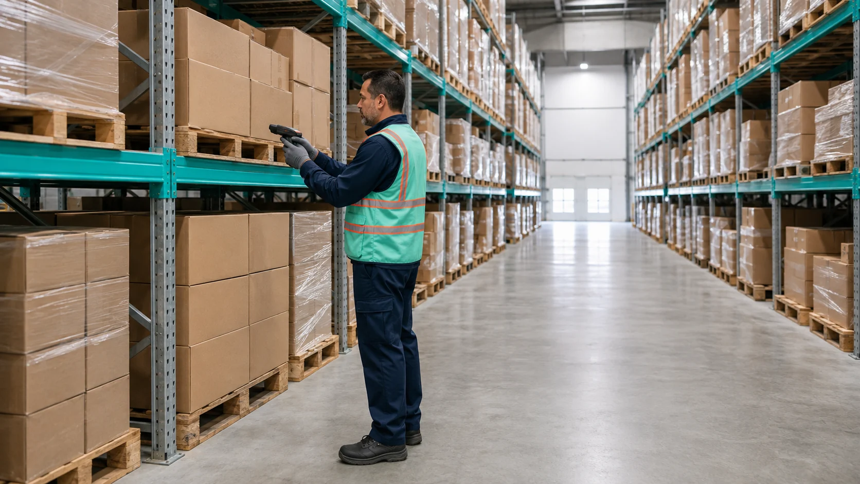 Warehouse worker scanning inventory in a neatly arranged storage aisle