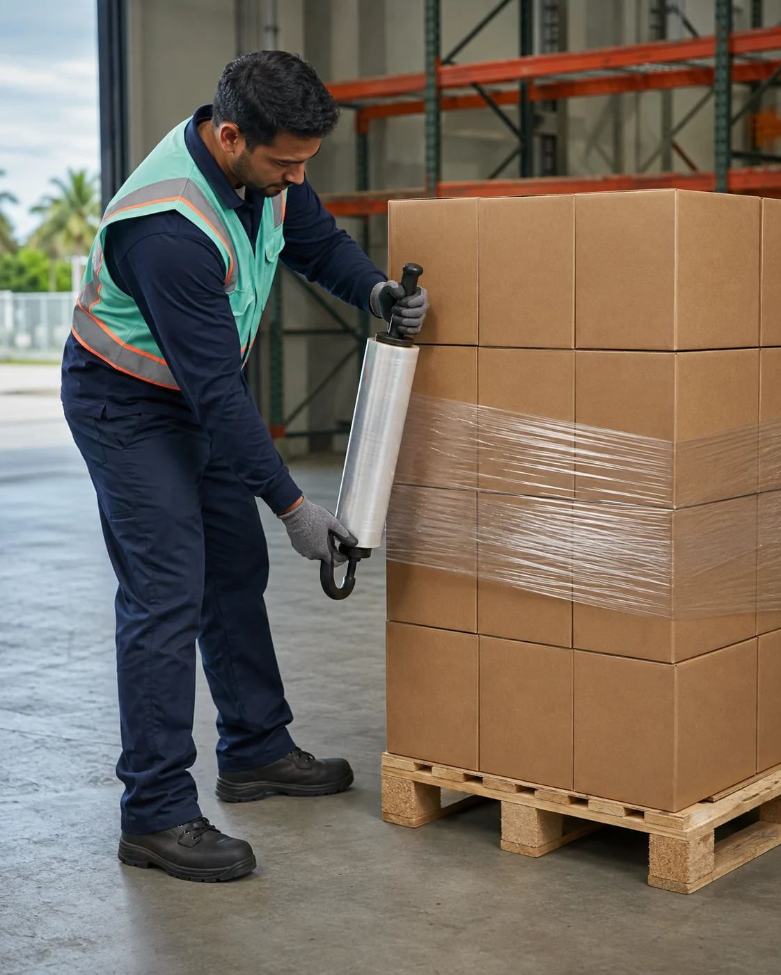 Warehouse worker wrapping a loaded pallet in a clean industrial setting