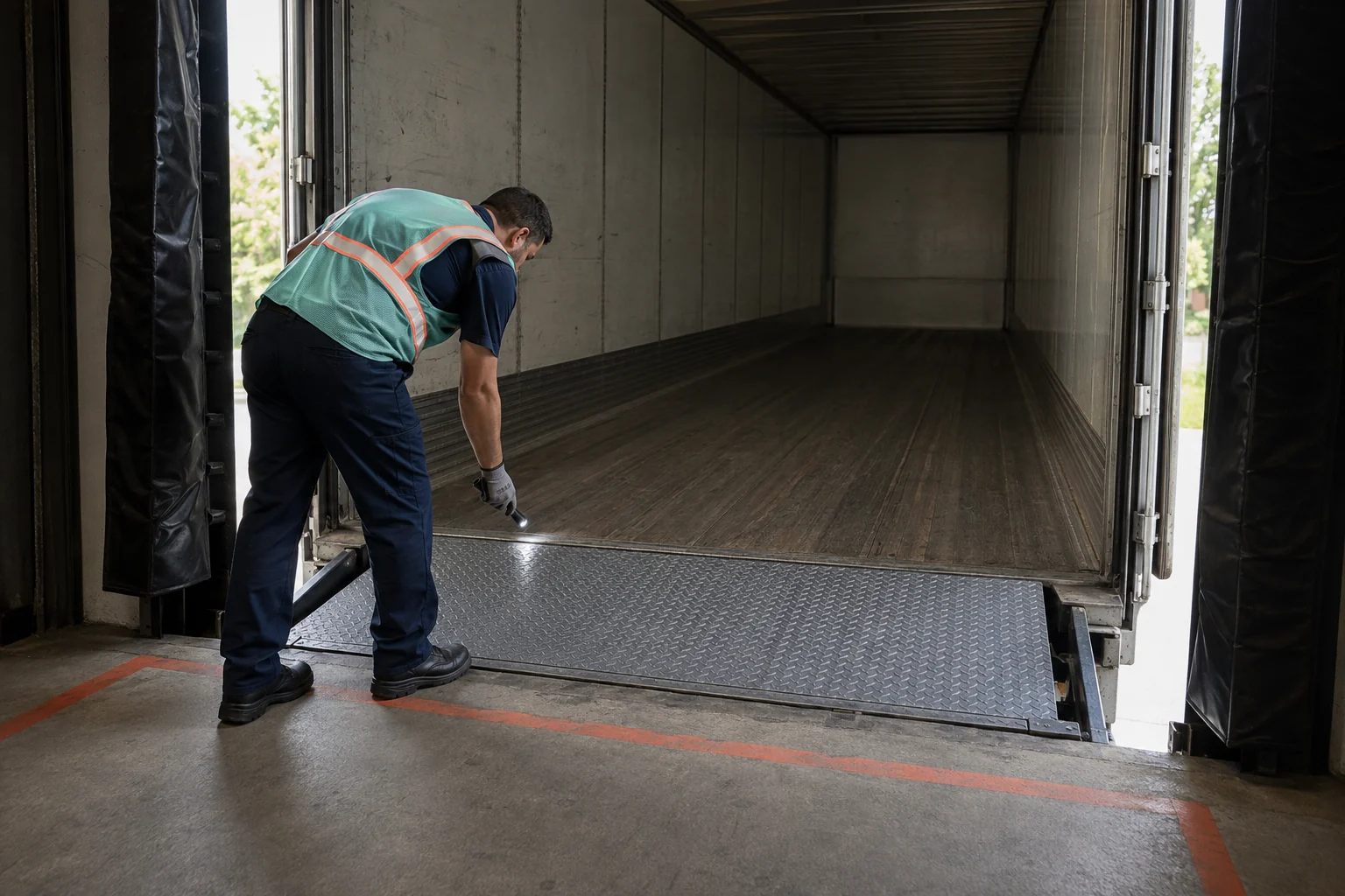 Warehouse worker examining a trailer threshold at a loading dock